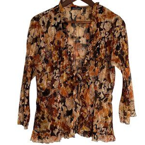 Vtg Y2K Tie Front Pleated Top L Earth Tones Ruffle Hem Sheer Whimsy Fairy Core